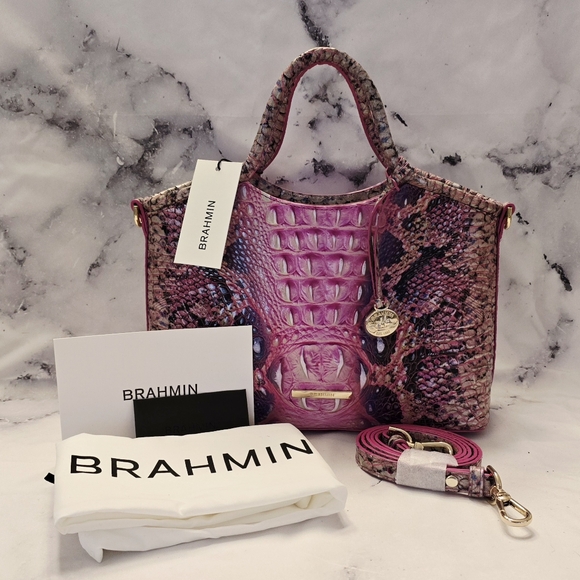 Brahmin Ombré Melbourne Small Elaine Satchel Pink Cobra Snake Embossed Leather - Picture 2 of 12